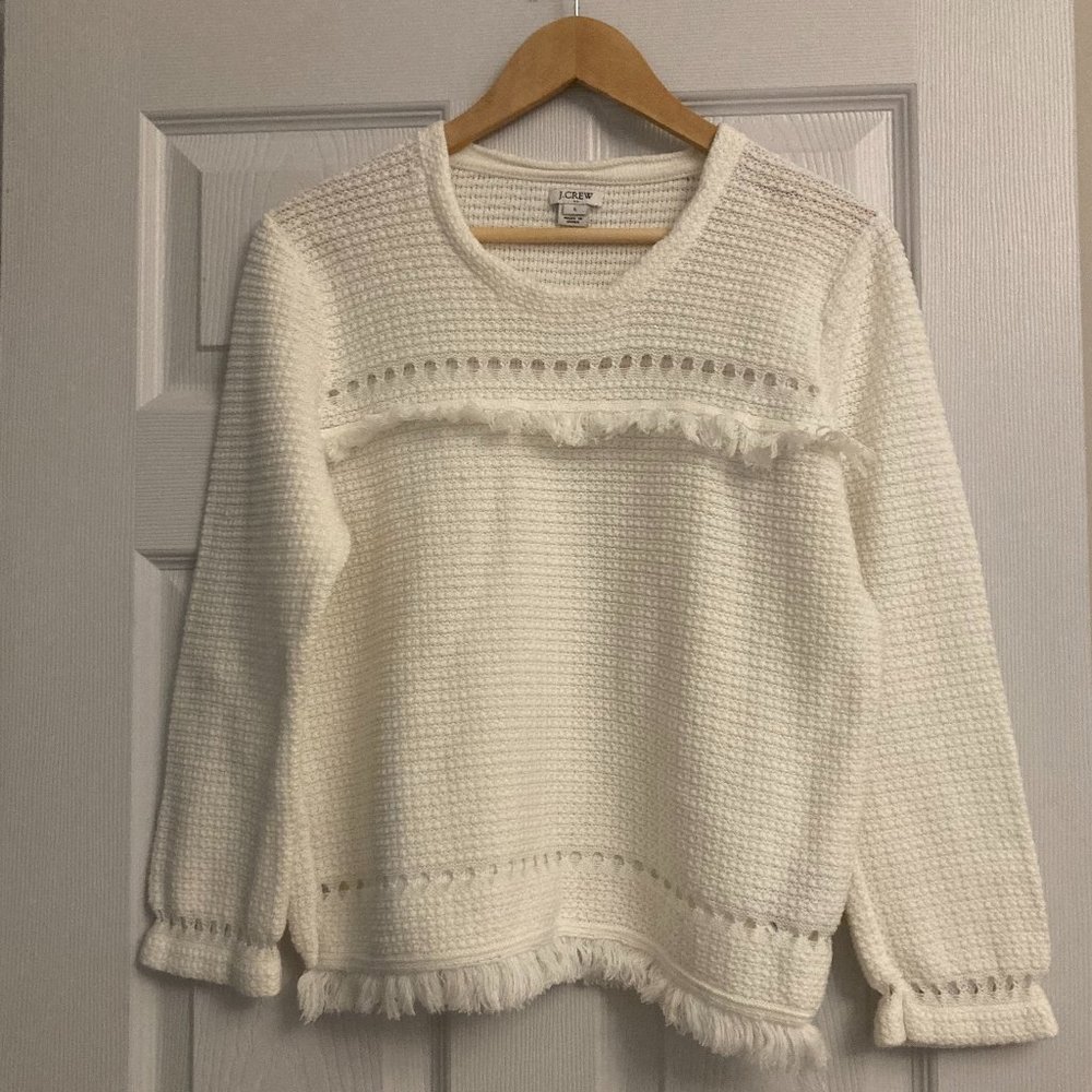 J Crew white cotton sweater with fringe, size Large